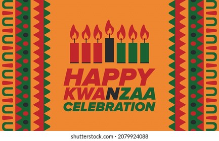 Kwanzaa Happy Celebration. African and African-American culture holiday. Seven days festival, celebrate annual from December 26 to January 1. Black history. Poster, card, banner and background. Vector