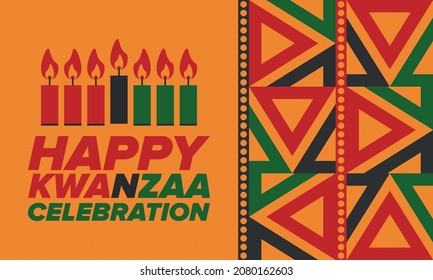 Kwanzaa Happy Celebration. African and African-American culture holiday. Seven days festival, celebrate annual from December 26 to January 1. Black history. Poster, card, banner and background. Vector