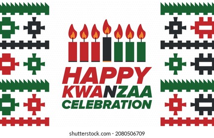 Kwanzaa Happy Celebration. African and African-American culture holiday. Seven days festival, celebrate annual from December 26 to January 1. Black history. Poster, card, banner and background. Vector