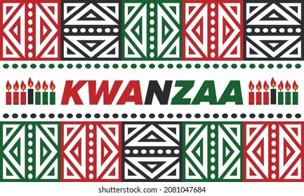 Kwanzaa Happy Celebration. African and African-American culture holiday. Seven days festival, celebrate annual from December 26 to January 1. Black history. Poster, card, banner and background. Vector