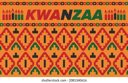 Kwanzaa Happy Celebration. African and African-American culture holiday. Seven days festival, celebrate annual from December 26 to January 1. Black history. Poster, card, banner and background. Vector