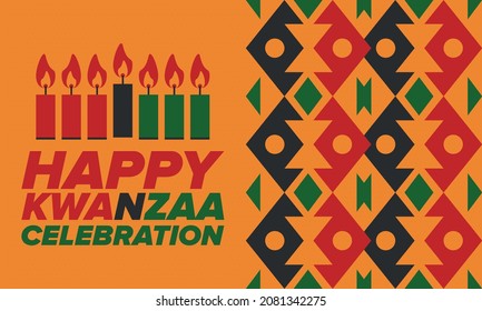 Kwanzaa Happy Celebration. African and African-American culture holiday. Seven days festival, celebrate annual from December 26 to January 1. Black history. Poster, card, banner and background. Vector