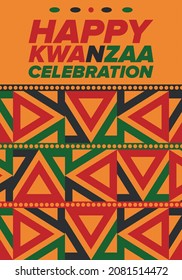 Kwanzaa Happy Celebration. African and African-American culture holiday. Seven days festival, celebrate annual from December 26 to January 1. Black history. Poster, card, banner and background. Vector