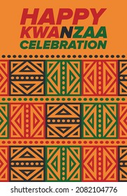 Kwanzaa Happy Celebration. African and African-American culture holiday. Seven days festival, celebrate annual from December 26 to January 1. Black history. Poster, card, banner and background. Vector