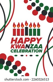 Kwanzaa Happy Celebration. African and African-American culture holiday. Seven days festival, celebrate annual from December 26 to January 1. Black history. Poster, card, banner and background. Vector