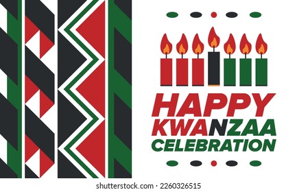 Kwanzaa Happy Celebration. African and African-American culture holiday. Seven days festival, celebrate annual from December 26 to January 1. Black history. Poster, card, banner and background. Vector