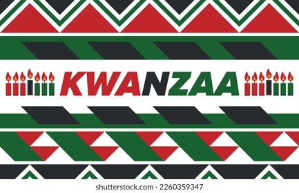 Kwanzaa Happy Celebration. African and African-American culture holiday. Seven days festival, celebrate annual from December 26 to January 1. Black history. Poster, card, banner and background. Vector