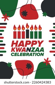 Kwanzaa Happy Celebration. African and African-American culture holiday. Seven days festival, celebrate annual from December 26 to January 1. Black history. Poster, card, banner and background. Vector