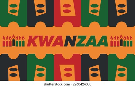 Kwanzaa Happy Celebration. African and African-American culture holiday. Seven days festival, celebrate annual from December 26 to January 1. Black history. Poster, card, banner and background. Vector