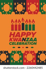 Kwanzaa Happy Celebration. African and African-American culture holiday. Seven days festival, celebrate annual from December 26 to January 1. Black history. Poster, card, banner and background. Vector