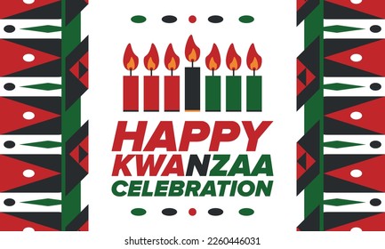 Kwanzaa Happy Celebration. African and African-American culture holiday. Seven days festival, celebrate annual from December 26 to January 1. Black history. Poster, card, banner and background. Vector