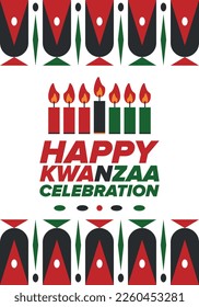 Kwanzaa Happy Celebration. African and African-American culture holiday. Seven days festival, celebrate annual from December 26 to January 1. Black history. Poster, card, banner and background. Vector