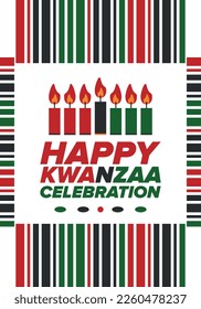 Kwanzaa Happy Celebration. African and African-American culture holiday. Seven days festival, celebrate annual from December 26 to January 1. Black history. Poster, card, banner and background. Vector