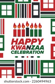 Kwanzaa Happy Celebration. African and African-American culture holiday. Seven days festival, celebrate annual from December 26 to January 1. Black history. Poster, card, banner and background. Vector