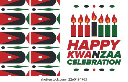 Kwanzaa Happy Celebration. African and African-American culture holiday. Seven days festival, celebrate annual from December 26 to January 1. Black history. Poster, card, banner and background. Vector