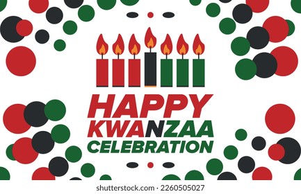 Kwanzaa Happy Celebration. African and African-American culture holiday. Seven days festival, celebrate annual from December 26 to January 1. Black history. Poster, card, banner and background. Vector