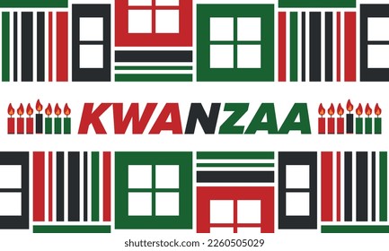 Kwanzaa Happy Celebration. African and African-American culture holiday. Seven days festival, celebrate annual from December 26 to January 1. Black history. Poster, card, banner and background. Vector