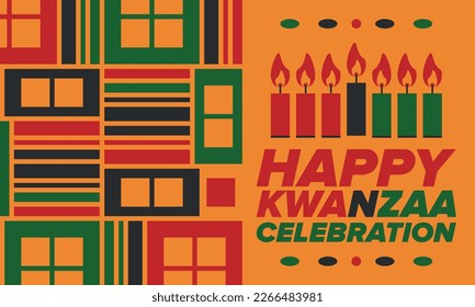 Kwanzaa Happy Celebration. African and African-American culture holiday. Seven days festival, celebrate annual from December 26 to January 1. Black history. Poster, card, banner and background. Vector