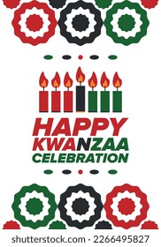 Kwanzaa Happy Celebration. African and African-American culture holiday. Seven days festival, celebrate annual from December 26 to January 1. Black history. Poster, card, banner and background. Vector