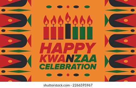 Kwanzaa Happy Celebration. African and African-American culture holiday. Seven days festival, celebrate annual from December 26 to January 1. Black history. Poster, card, banner and background. Vector