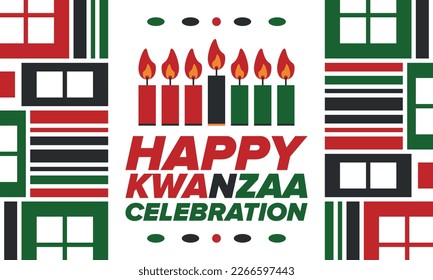 Kwanzaa Happy Celebration. African and African-American culture holiday. Seven days festival, celebrate annual from December 26 to January 1. Black history. Poster, card, banner and background. Vector