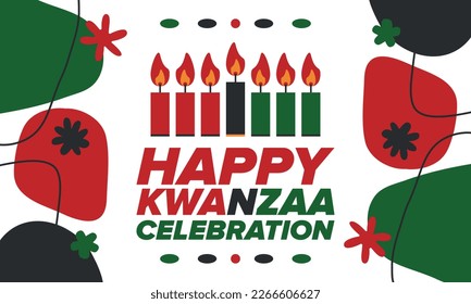 Kwanzaa Happy Celebration. African and African-American culture holiday. Seven days festival, celebrate annual from December 26 to January 1. Black history. Poster, card, banner and background. Vector