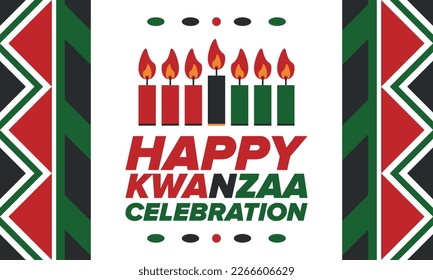 Kwanzaa Happy Celebration. African and African-American culture holiday. Seven days festival, celebrate annual from December 26 to January 1. Black history. Poster, card, banner and background. Vector