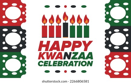 Kwanzaa Happy Celebration. African and African-American culture holiday. Seven days festival, celebrate annual from December 26 to January 1. Black history. Poster, card, banner and background. Vector