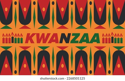 Kwanzaa Happy Celebration. African and African-American culture holiday. Seven days festival, celebrate annual from December 26 to January 1. Black history. Poster, card, banner and background. Vector