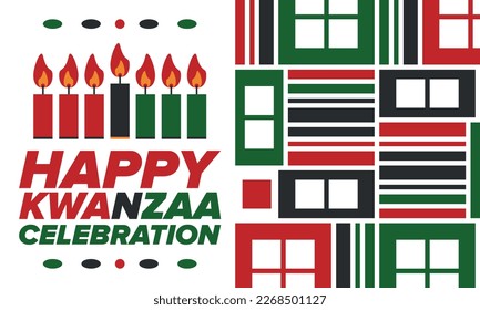 Kwanzaa Happy Celebration. African and African-American culture holiday. Seven days festival, celebrate annual from December 26 to January 1. Black history. Poster, card, banner and background. Vector