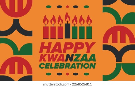 Kwanzaa Happy Celebration. African and African-American culture holiday. Seven days festival, celebrate annual from December 26 to January 1. Black history. Poster, card, banner and background. Vector