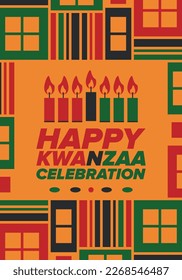 Kwanzaa Happy Celebration. African and African-American culture holiday. Seven days festival, celebrate annual from December 26 to January 1. Black history. Poster, card, banner and background. Vector