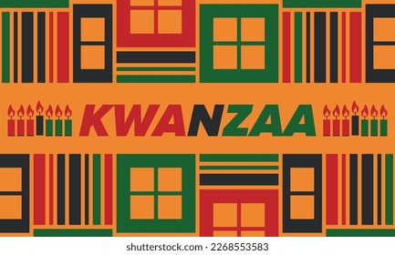 Kwanzaa Happy Celebration. African and African-American culture holiday. Seven days festival, celebrate annual from December 26 to January 1. Black history. Poster, card, banner and background. Vector