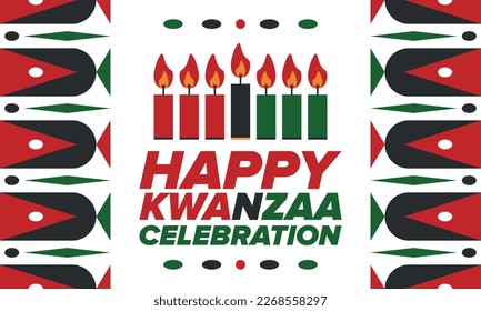 Kwanzaa Happy Celebration. African and African-American culture holiday. Seven days festival, celebrate annual from December 26 to January 1. Black history. Poster, card, banner and background. Vector