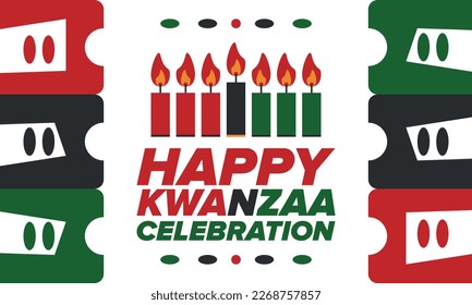 Kwanzaa Happy Celebration. African and African-American culture holiday. Seven days festival, celebrate annual from December 26 to January 1. Black history. Poster, card, banner and background. Vector