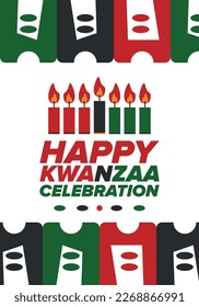 Kwanzaa Happy Celebration. African and African-American culture holiday. Seven days festival, celebrate annual from December 26 to January 1. Black history. Poster, card, banner and background. Vector