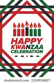 Kwanzaa Happy Celebration. African and African-American culture holiday. Seven days festival, celebrate annual from December 26 to January 1. Black history. Poster, card, banner and background. Vector