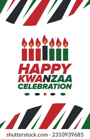 Kwanzaa Happy Celebration. African and African-American culture holiday. Seven days festival, celebrate annual from December 26 to January 1. Black history. Poster, card, banner and background. Vector