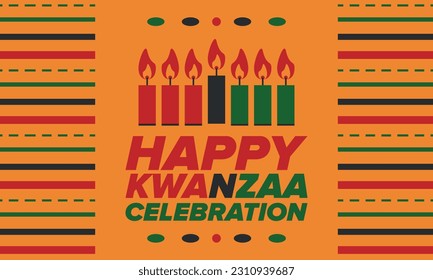 Kwanzaa Happy Celebration. African and African-American culture holiday. Seven days festival, celebrate annual from December 26 to January 1. Black history. Poster, card, banner and background. Vector