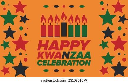 Kwanzaa Happy Celebration. African and African-American culture holiday. Seven days festival, celebrate annual from December 26 to January 1. Black history. Poster, card, banner and background. Vector