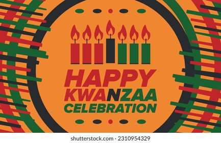 Kwanzaa Happy Celebration. African and African-American culture holiday. Seven days festival, celebrate annual from December 26 to January 1. Black history. Poster, card, banner and background. Vector