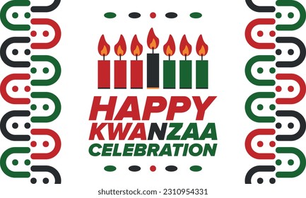 Kwanzaa Happy Celebration. African and African-American culture holiday. Seven days festival, celebrate annual from December 26 to January 1. Black history. Poster, card, banner and background. Vector