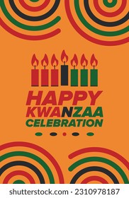 Kwanzaa Happy Celebration. African and African-American culture holiday. Seven days festival, celebrate annual from December 26 to January 1. Black history. Poster, card, banner and background. Vector