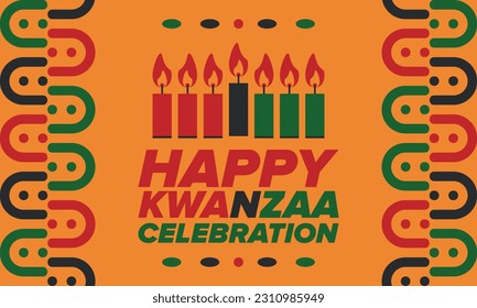 Kwanzaa Happy Celebration. African and African-American culture holiday. Seven days festival, celebrate annual from December 26 to January 1. Black history. Poster, card, banner and background. Vector