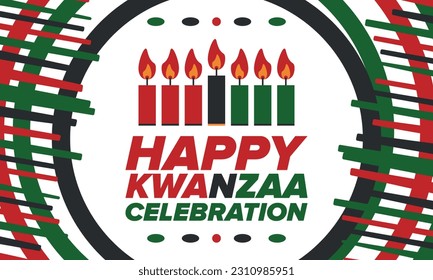 Kwanzaa Happy Celebration. African and African-American culture holiday. Seven days festival, celebrate annual from December 26 to January 1. Black history. Poster, card, banner and background. Vector