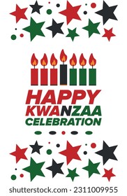 Kwanzaa Happy Celebration. African and African-American culture holiday. Seven days festival, celebrate annual from December 26 to January 1. Black history. Poster, card, banner and background. Vector