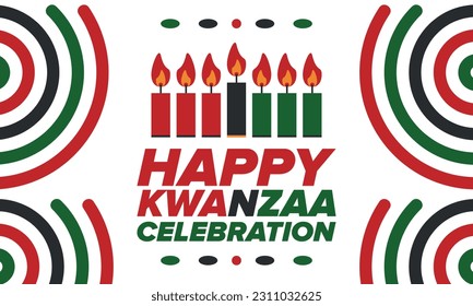 Kwanzaa Happy Celebration. African and African-American culture holiday. Seven days festival, celebrate annual from December 26 to January 1. Black history. Poster, card, banner and background. Vector