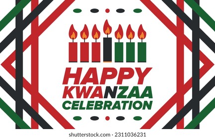 Kwanzaa Happy Celebration. African and African-American culture holiday. Seven days festival, celebrate annual from December 26 to January 1. Black history. Poster, card, banner and background. Vector