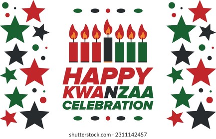 Kwanzaa Happy Celebration. African and African-American culture holiday. Seven days festival, celebrate annual from December 26 to January 1. Black history. Poster, card, banner and background. Vector