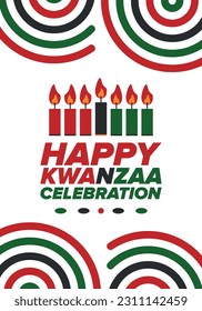 Kwanzaa Happy Celebration. African and African-American culture holiday. Seven days festival, celebrate annual from December 26 to January 1. Black history. Poster, card, banner and background. Vector